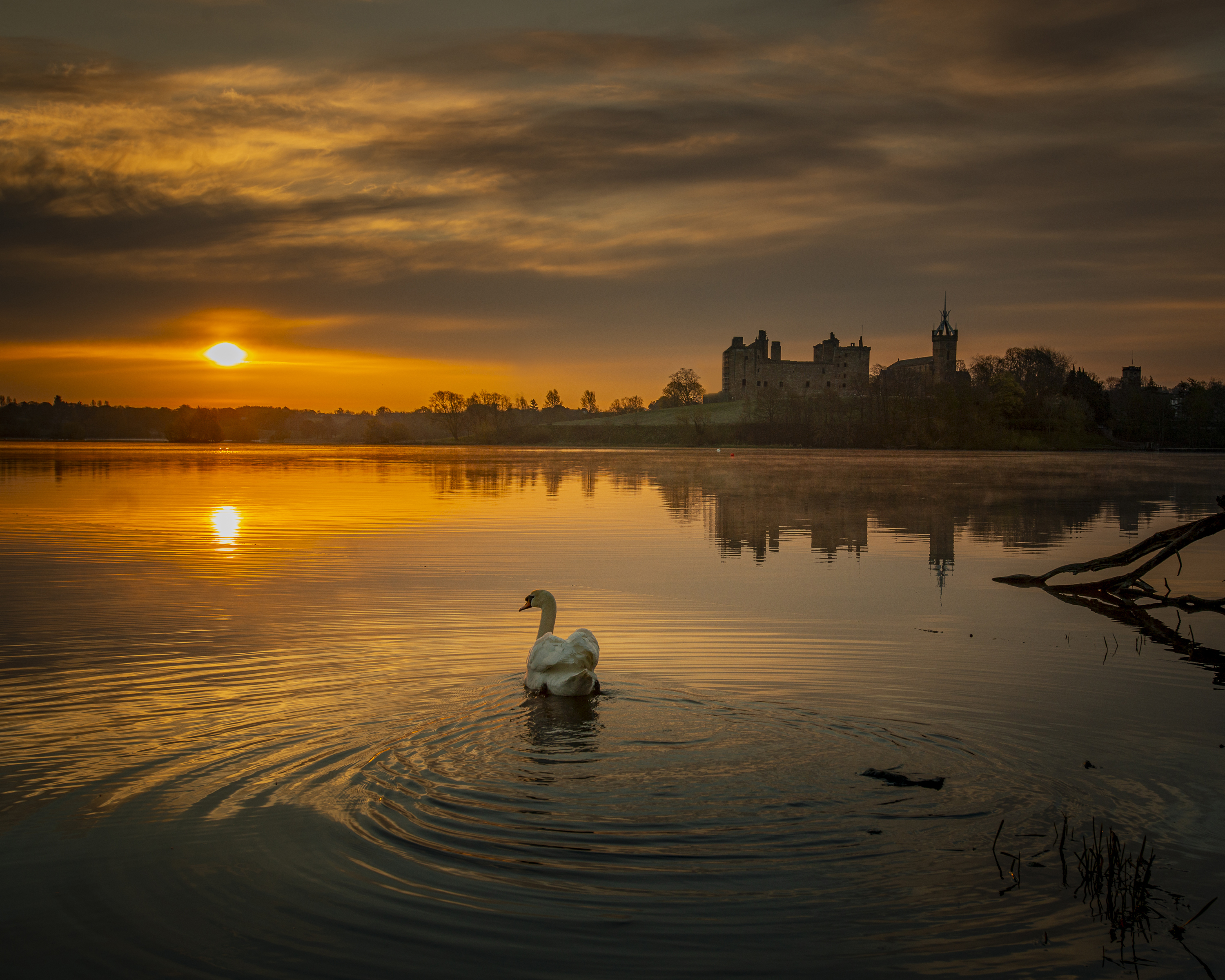 Linlithgow loch at sunset with Linlithgow palace in the background